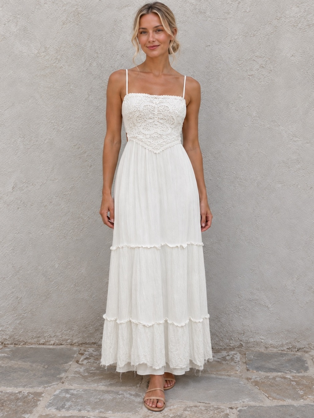 Stella Tweed White Crochet Lace Cutout Back Tiered Boho Maxi Dress